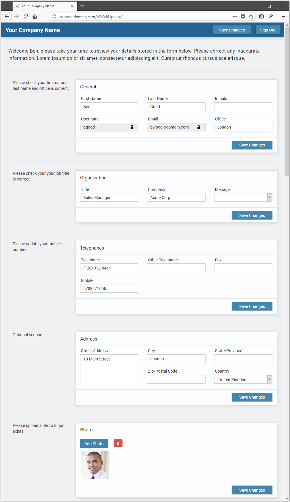 The main self service form your users will see